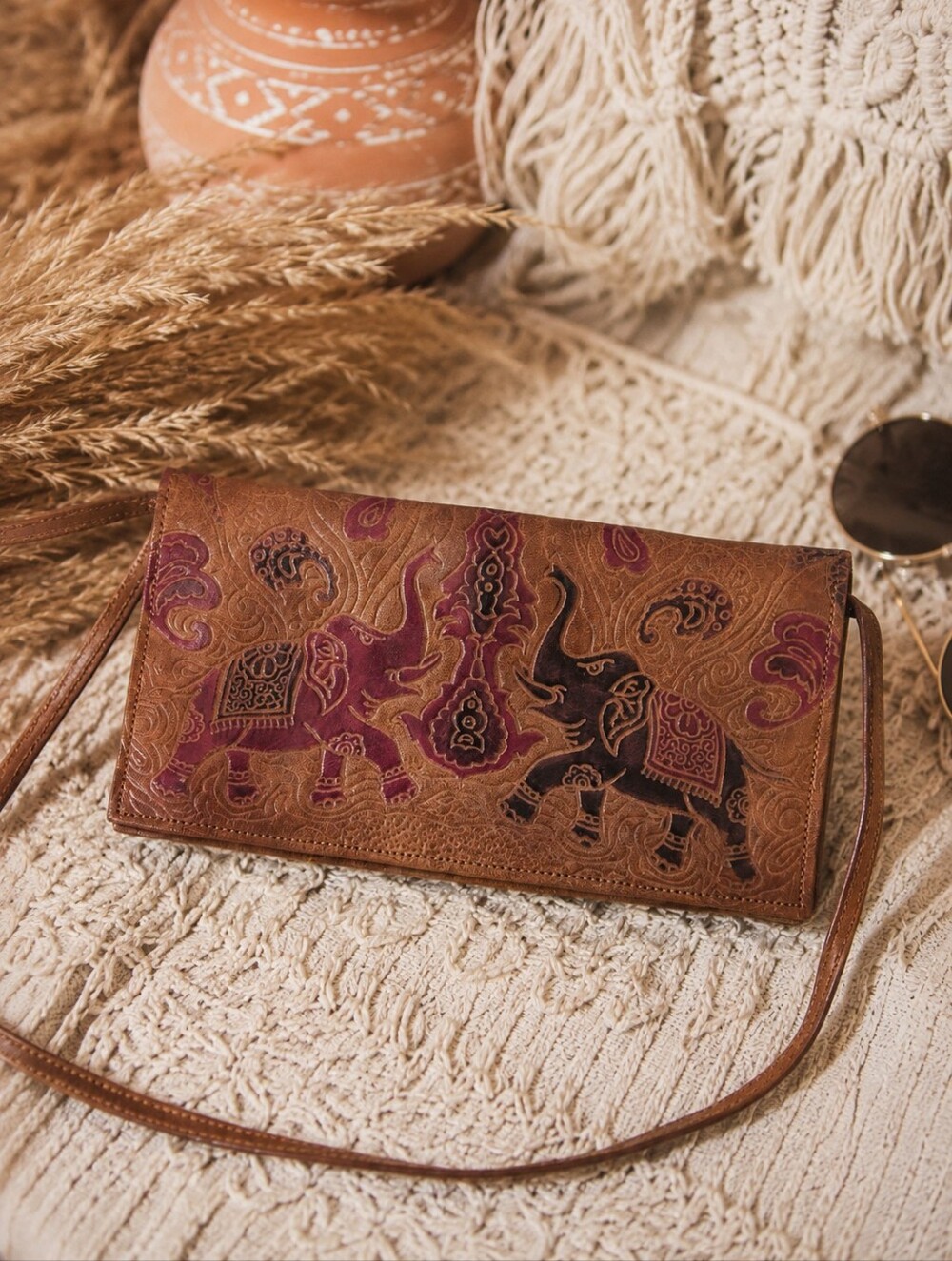 Shantiniketan style Twin Elephant hand-tooled leather Boho Vintage Indian clutch